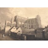 19th Century English School. "St Mary's Redcliffe Church, Bristol", with Figures on a Cobbled