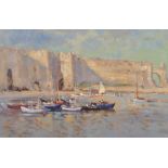 John Neale (20th Century) British. "The White Sail, Rhodes", Boats in a Harbour, Oil on Board,