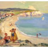 Leonard Richmond (1889-1965) British. A Coastal Scene with Figures on a Beach and Bathers in the