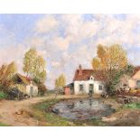 Paul Emile Lecompte (1877-1950) French. Figures near a Village Pond with Chickens outside Cottages