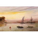 William Adolphus Knell (1805-1875) British. Shipping Scene at Dusk off Cowes, Oil on Board, 6.25"