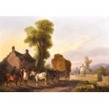 J...Willis (19th Century) British. "Roadside Refreshment", Figures with a Hay Cart standing