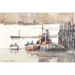 Sidney Cardew (1931 ) British. "Reflections, Rotherhithe", A Tug with other Boats, Watercolour,