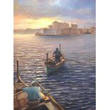 20th Century Maltese School. Figures in Boats heading towards Valetta, Oil on Canvas laid down,