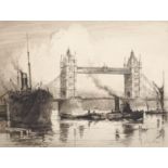 20th Century English School. "The Tower Bridge", with the Steam Boat 'Victoria' Docked, Etching,