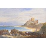 Sarah Jonson (19th Century) British. A Beach Scene with Figures, with Bamburgh Castle