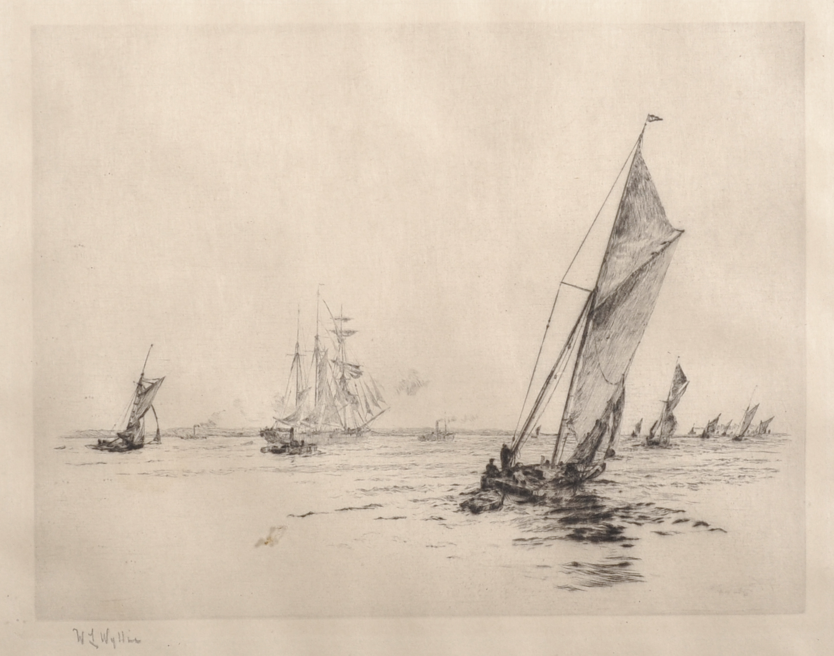 William Lionel Wyllie (1851-1931) British. "Fishing Boats on the Medway", Drypoint Etching, Artist's