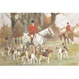 Thomas Ivester Lloyd (1873-1942) British. Huntsmen with Hounds, Mixed Media, Signed, 13" x 19".