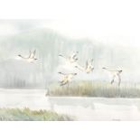 Hoe (20th Century) Japanese. Geese in Flight, Watercolour, Signed, 10.5" x 14", and two others by