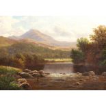 William Mellor (1851-1931) British. A River Landscape in North Wales, with a Man Fishing in the