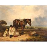 William Shayer (1788-1879) British. A Rest by the Wayside, with Figure and Harnessed Horse in the