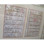 MUSIC on vellum: two large early leaves of music, late Medieval / early Renaissance. Framed and