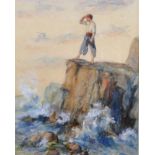 Early 20th Century English School. A Coastal Scene with a Man Standing on the Rocks, Looking out