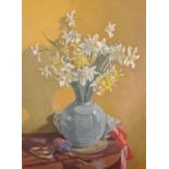 A...V... Bramble (20th Century) British. Daffodils in a Blue Vase on a Table, Oil on Card, Unframed,