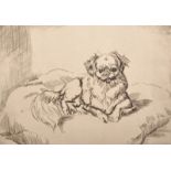 Athene Andrade (1908-1973) European. A Pekingese resting on a Cushion, Engraving, Signed in