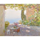 20th Century Russian School. A Garden Terrace with Flowers on a Table, Oil on Board, Signed in