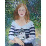 Nikolai (Nikolaievich) Baskakov (1918-1993) Russian. "Young Girl with a Kitten", Oil on Canvas,