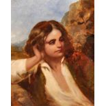 19th Century English School. Study of a Man leaning against a Rock, Oil on Canvas, 10" x 8".