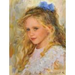 Konstantin Razumov (1974 ) Russian. "Mashenka", Portrait of a Young Girl with a Blue Bow in her