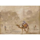 Mohamed Shap (20th-21st Century) Egyptian. "Cairo", a Man Riding a Camel with a Mosque in the