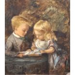 A...M...Baird (19th Century) British. A Young Girl and Boy seated at a Table with a Book, Oil on