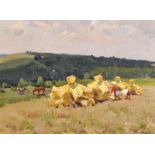 20th Century Russian School. A Landscape with Figures by Haystacks, Oil on Board, Signed and