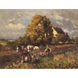 John Rathbone Harvey (1866-1933) British. A Farmer Ploughing, Oil on Board, Signed, 6.5" x 8.25".