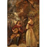 19th Century English School. A Gentleman Playing a Mandolin to a Woman Standing in a Wooded Glade,