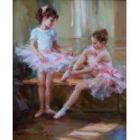 Konstantin Razumov (1974 ) Russian. "Two Girls in Tutus", Tying on their Ballet Pumps, Oil on