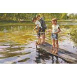 20th Century Russian School. Young Boys Fishing off a Jetty, Oil on Artist's Board, Signed in