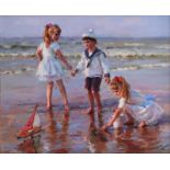 Konstantin Razumov (1974 ) Russian. "On the Seashore", Children Playing with a Toy Yacht on the