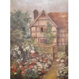 19th Century English School. A Garden of Flowers with a House beyond, Oil on Canvas, Signed with