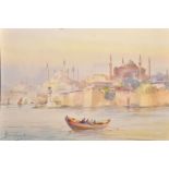 Late 19th Century Greek School. A Rowing Boat with Figures by the Harbour Wall of Constantinople,