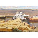 20th Century Russian School. Figures Unloading a Boat, Oil on Board, Signed in Cyrillic, and