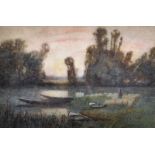 Early 20th Century English School. A Tranquil River Landscape, with a Shepherd and Flock,