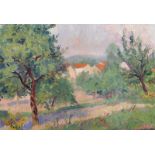 After Alfred Sisley (1839-1899) French. An Orchard Scene, with Buildings in the distance, Oil on