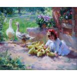 Konstantin Razumov (1974 ) Russian. "In the Farm", a Young Girl playing with Baby Chicks, Oil on