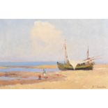 20th Century Russian School. An Eastern Coastal Scene, with Figures by a Beached Boat, Oil on