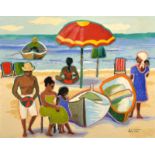 Alberto (20th Century) Portugese. A Beach Scene with Figures and a Parasol with a Boat on the Water,