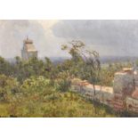 20th Century Russian School. A Landscape, with a Brick Wall in the foreground, Oil on Board,