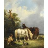 William Shayer 1788-1879) British. 'Rest by the Wayside", a Farmer with his Child with Plough Horses