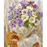 20th Century Russian School. Still Life with Flowers in a Jug and a Bowl of Cherries, Oil on Canvas,