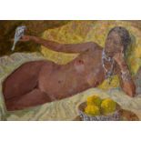 20th Century Russian School. "Yrpo", a Reclining Naked Lady with a Blue Bird on her Hand, Oil on