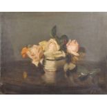 20th Century English School. "Roses", Still Life of Roses on a Table, Oil on Canvas, Signed with