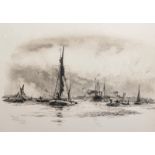 William Lionel Wyllie (1851-1931) British. "Showery Day, Greenwich Reach", Watercolour, Wash and