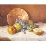 F... Maggi (20th Century) Italian. Still Life of Fruit and a Plate on a Side Table, Oil on Board,