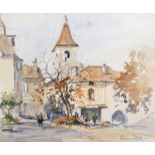 Diana Scott (20th Century) British. Figures in a Town Square with a Bell Tower, Watercolour,