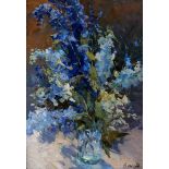 Viktor Vassine (Fedorovitch) (1919-1997) Russian. "Still life with Blue Flowers" Oil on Board,
