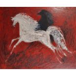 Mary Fitzgerald (1956- ) Irish. A Black and A White Horse, on a Red Background, Oil on Board, Signed