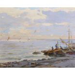 20th Century Russian School. A Coastal Scene, with Figures by a Beached Boat, Oil on Board, Signed